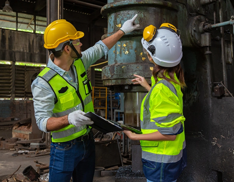 Two workers discussing